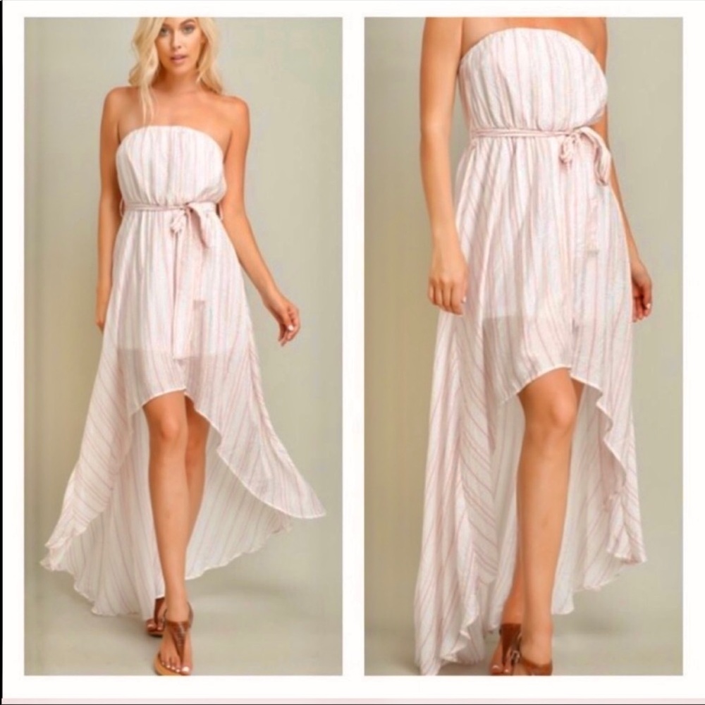 white and pink Striped High Low Dress